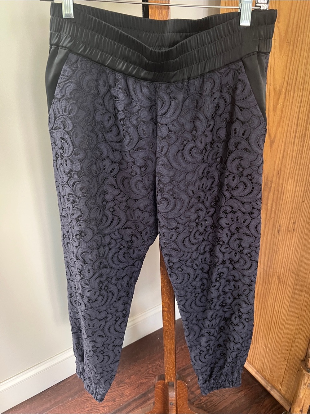 Navy Lace Jogger Pants with black detail and Elastic Waist